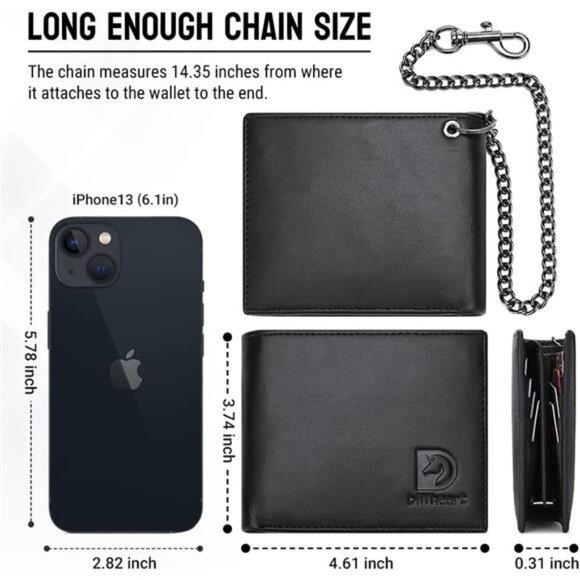 Chain Wallets for Men, RFID Blocking Genuine Leather Bifold Wallet - Picture 7 of 8